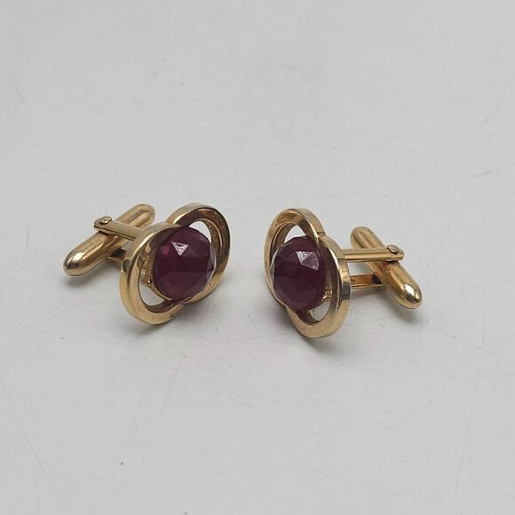 Vintage Swank Double Ring Cufflinks With Red Rose Cut Ruby Rhinestone - Picture 4 of 6